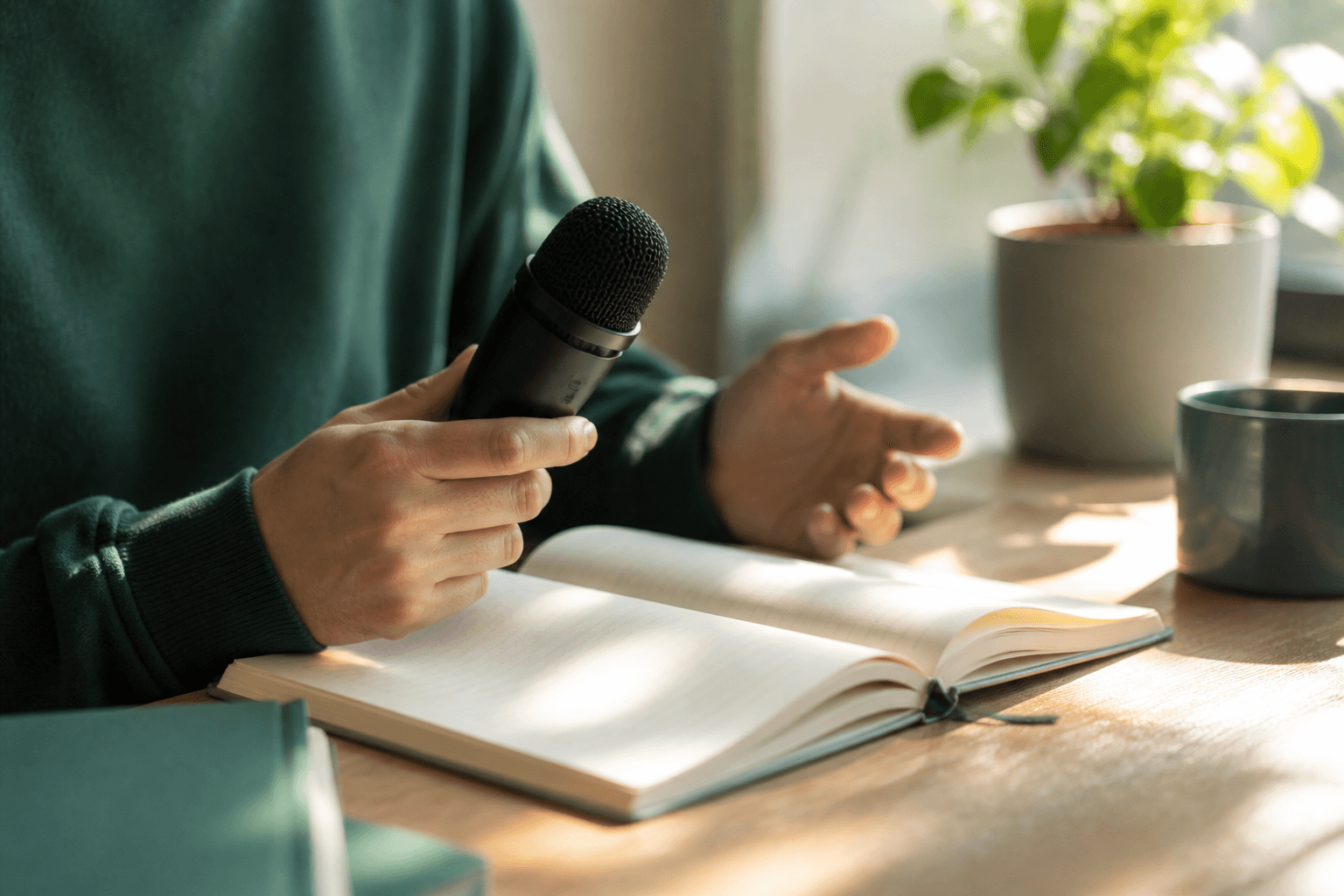 Hands holding a microphone near an open notebook during speaking practice